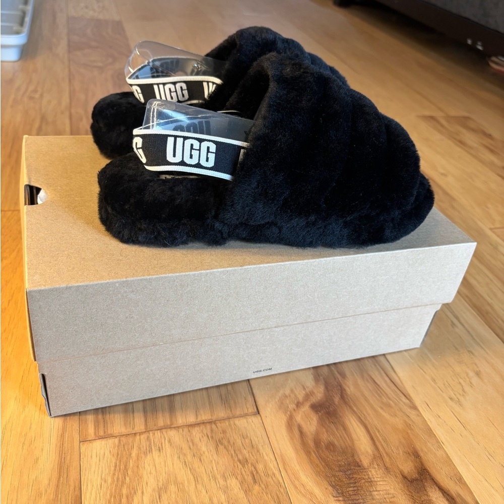 UGG Black Fluffy Slippers